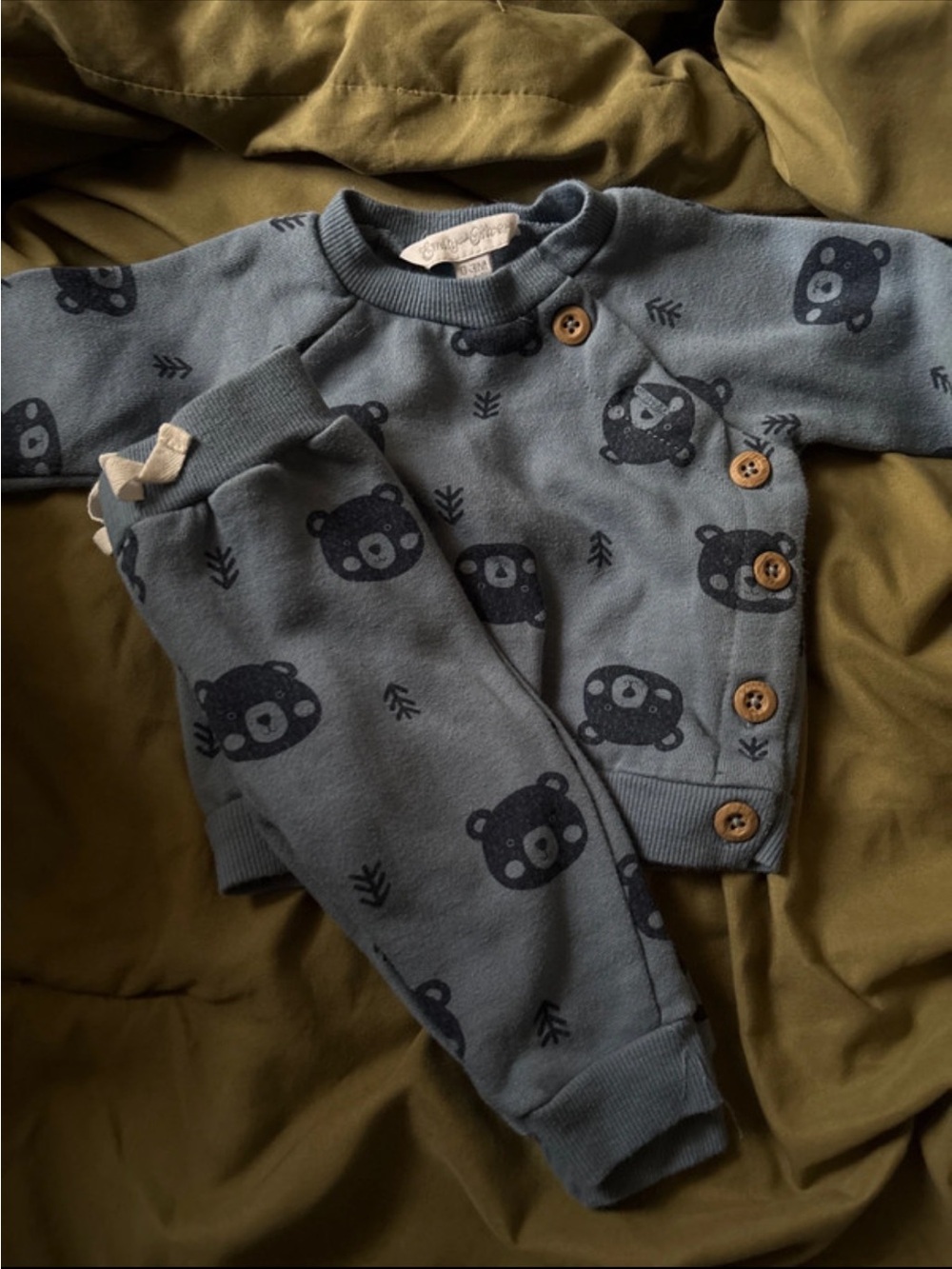 Blue Bear Print Kids One-Piece Bodysuit with Button Details